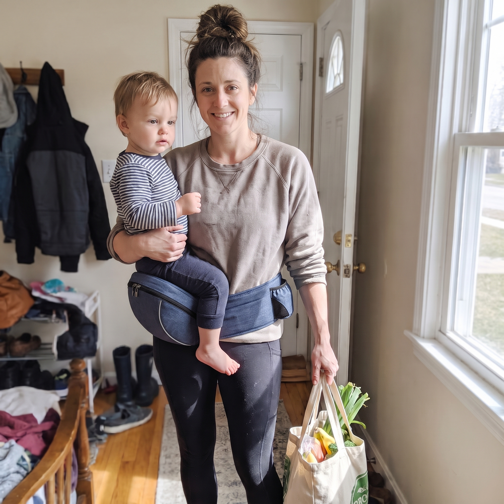 Parent with toddler on LIL PERCH hip seat